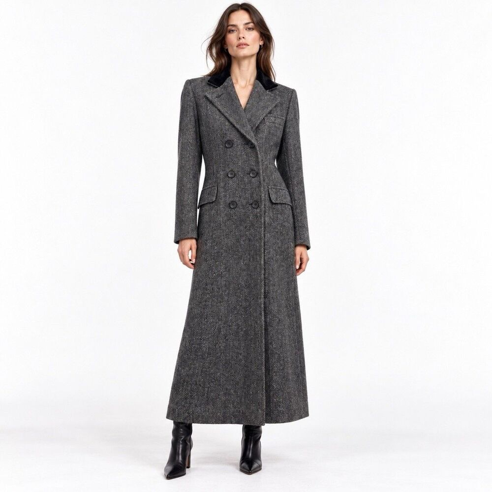 VTG 1980s Gray Wool Tweed Herringbone Coat Black Velvet Collar Full Length